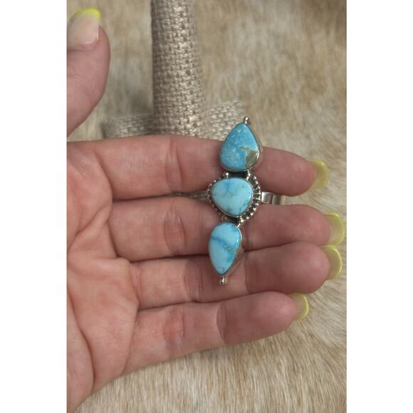 Long Native American Sterling Silver Blue Ridge Turquoise 3 Stone Ring Adjust - Picture 8 of 11